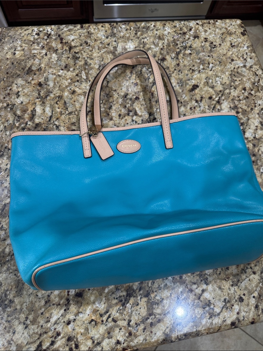 Coach Turquoise Leather Tote with Beige Trim